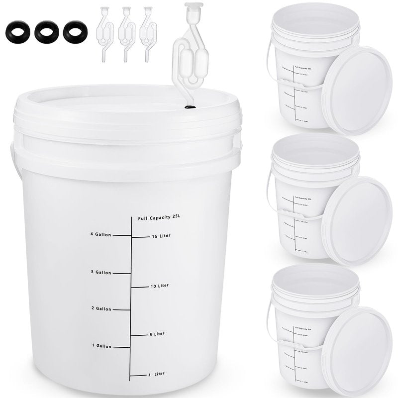 Ziliny 4 Pcs White 6.5 Gallon Fermentation Bucket with Twin Bubble Airlock Grommets Lid Brewing Wine Fermenter Fermentation Kit for Home Beer Wine Mead Other Fermented Beverage