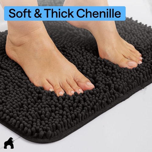 Gorilla Grip Plush Chenille Bath Rug Mat - Soft Absorbent Microfiber for Square Toilet Base | Black, Machine Washable