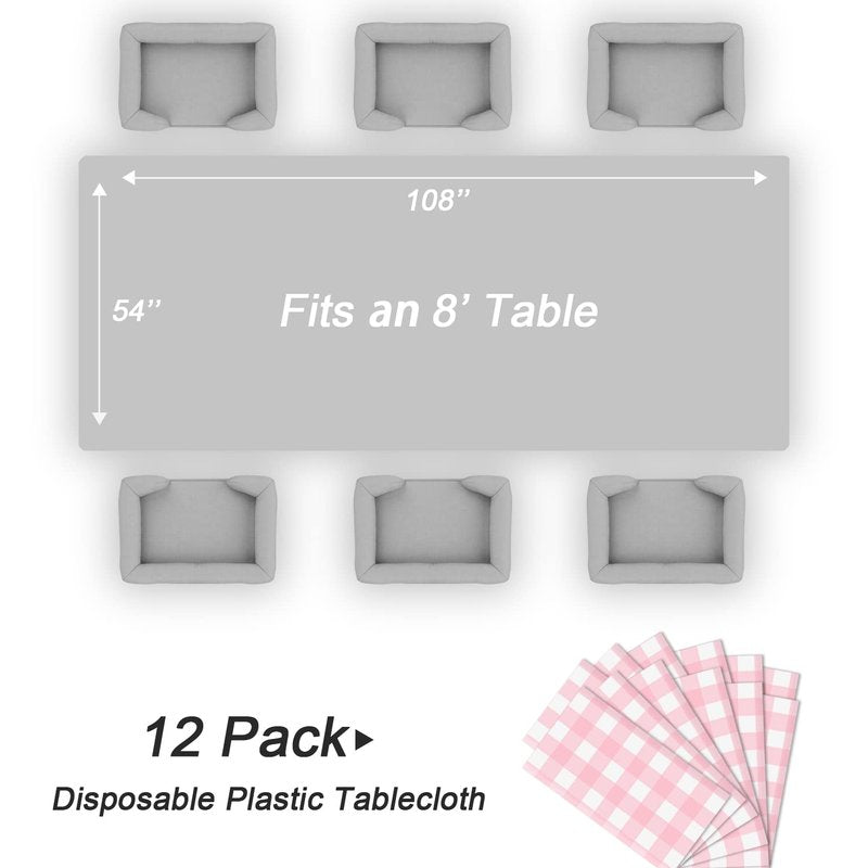 QIKSION Pink Gingham Tablecloth Disposable 12 Pack, 54 x 108 Inch Pink and White Checkered Table Cloth for Baby Shower, Easter, Mothers Day Decorations, Birthday Party, Rectangle, Plastic Table Cover
