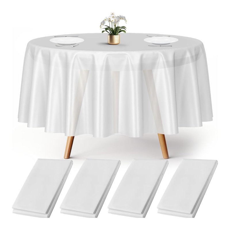 Prestee Plastic Round Tablecloths 84 Inches, 24 Pack White Disposable Table Cloths for Parties, Waterproof and Stain-Resistant Round Table Covers for Weddings, Holidays, Events, and Fine Dining