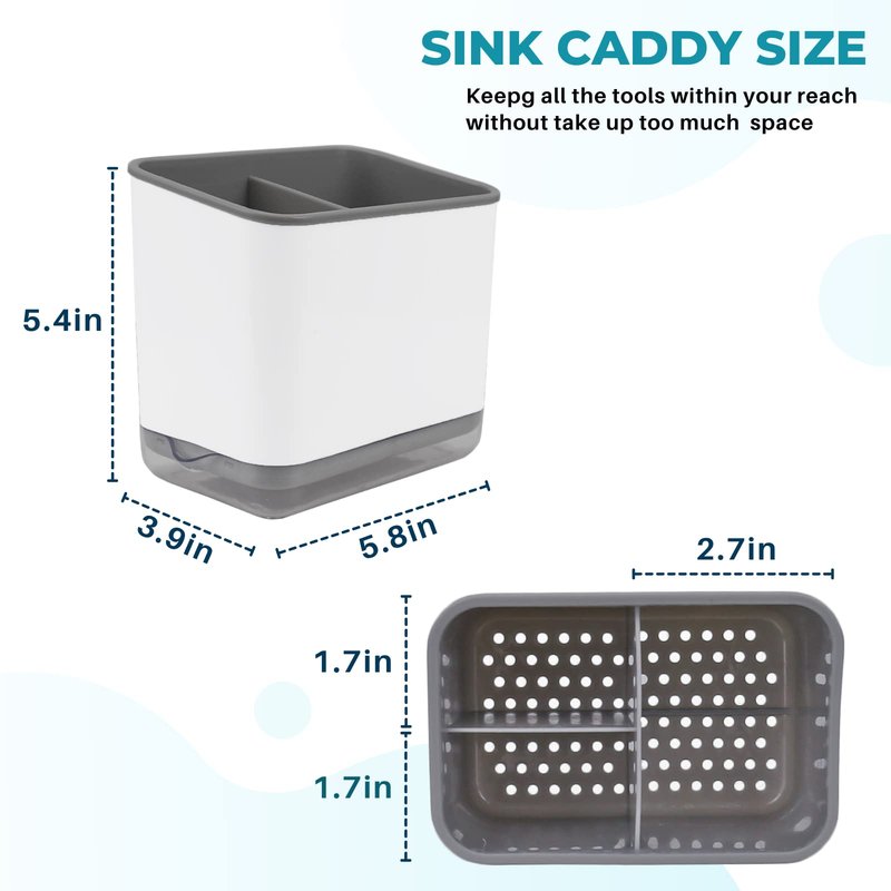 KeFanta Sink Counter Caddy, Plastic Dish Sponge Holder, Kitchen Brush and Scrubber Organizer with Drain Tray, White