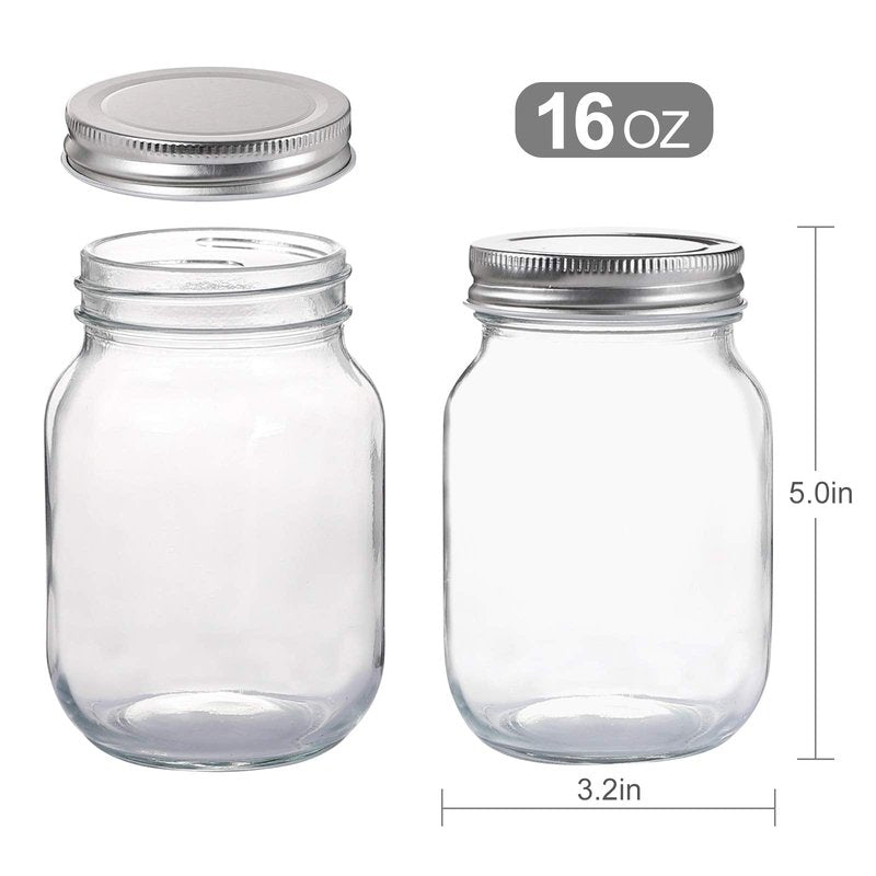 YINGERHUAN Glass Regular Mouth Mason Jars, 16 oz Clear Glass Jars with Silver Metal Lids for Sealing, Canning Jars for Food Storage, Overnight Oats, Dry Food, Snacks, Candies, DIY Projects (8PACK)