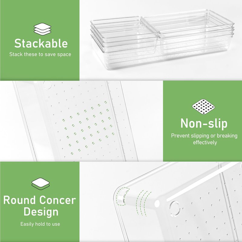6 PCS Large Size Clear Plastic Drawer Organizer Tray, 12'' Acrylic Vanity Bathroom Drawer Organizers Trays, Desk Drawer Organizer Bins for Cosmetic, Makeup, Kitchen, Office Drawer Divider Organization