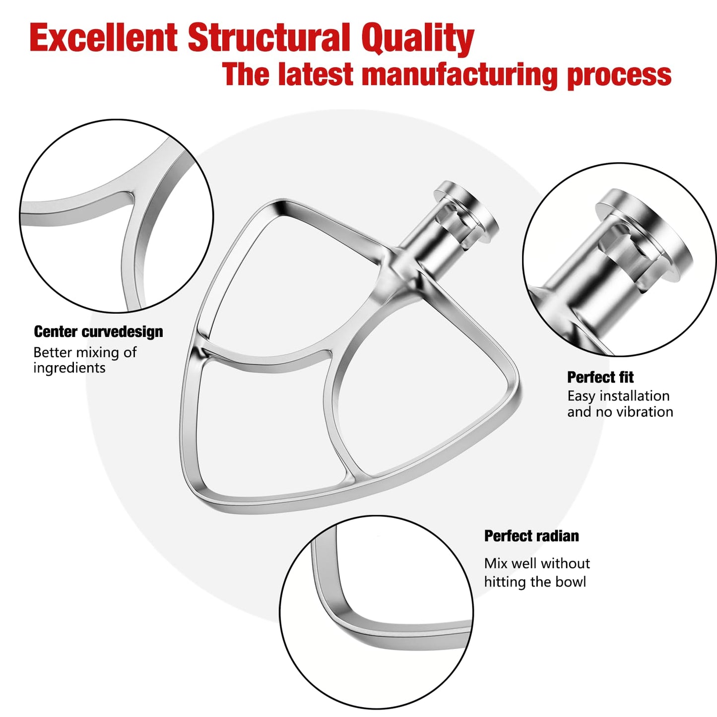 4.5-5QT Stainless Steel Flat Beater for KitchenAid Stand Mixer, Kitchen Aid Paddle Attachment Accessories/No coating/Dishwasher Safe Replacement for K45 KN15E1X KSM75 and Other Models