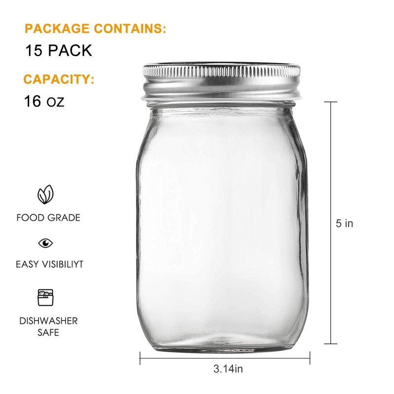 Accguan 16Pack 16oz Glass Mason Jars with Regular Airtight Lids, Clear Glass Jars Ideal for Canning, Pickling, Meal Prep, Jam, Honey, DIY Shower/Wedding Favors, Labels & Pen Included,Pint Canning Jars