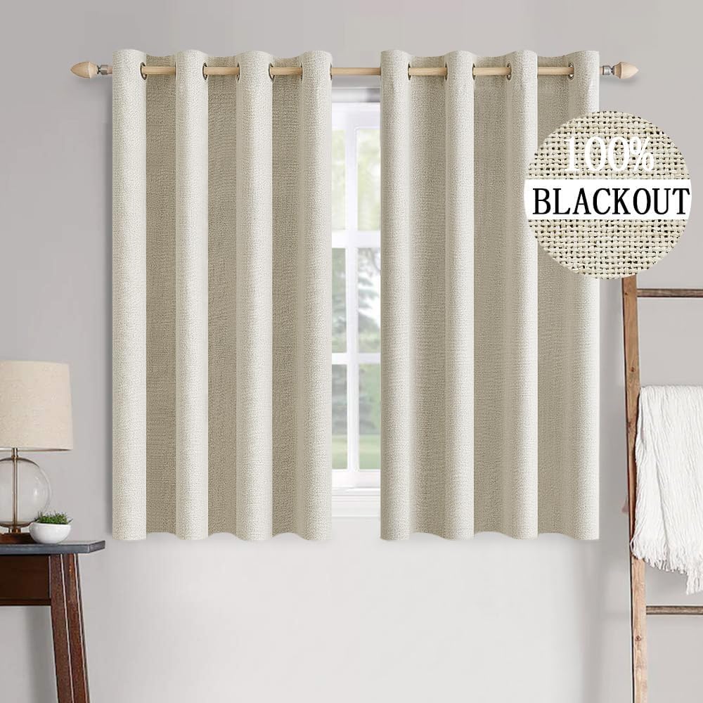 MIULEE 100% Blackout Linen Textured Curtains - Thermal Insulated Room Darkening Drapes | Cream, 52 x 45 Inch (2 Panels)