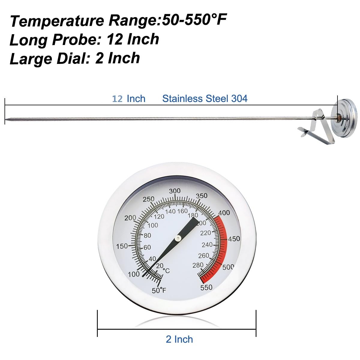 Deep Fry Turkey Candy Thermometer(2 Pack) with 12" Probe & Pot Clip,Oil Thermometer for Fring, Classical Gauge for Cooking of Tall pots,Beef,Lamb,Meat Cooking