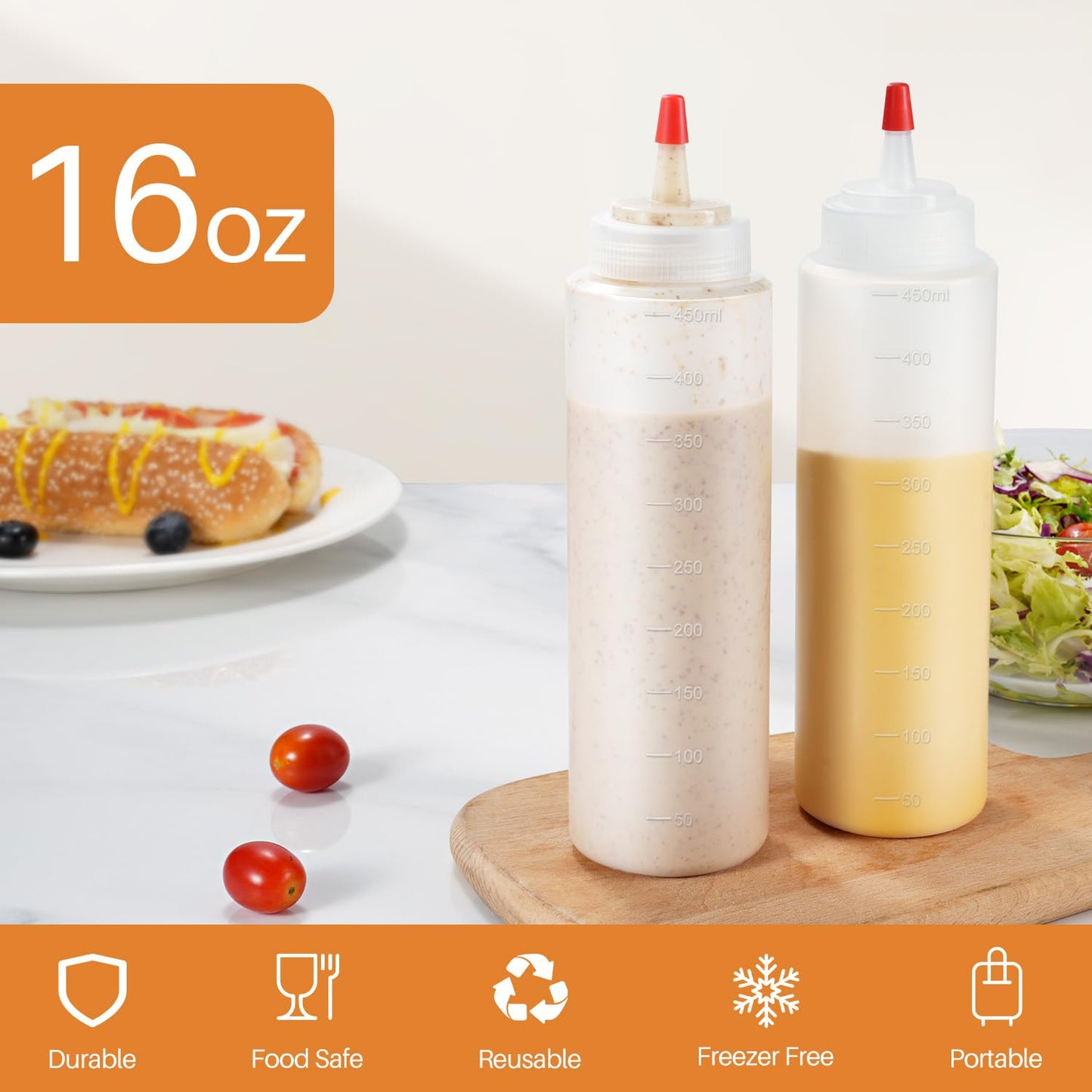 Sopito Squeeze Bottles, 16oz Leak-Proof Wide Mouth Condiment Squeeze Bottles for Liquids Sauces Ketchup Oil, 6 Pack