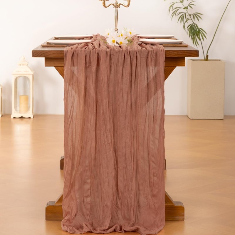 Socomi 10pcs Dusty Rose Summer Cheesecloth Table Runner Boho Rustic Gauze 120 inch 10FT Cheese Cloth Sheer Runner for Wedding Party Baby Shower Birthday Home Decor Holiday Decorations