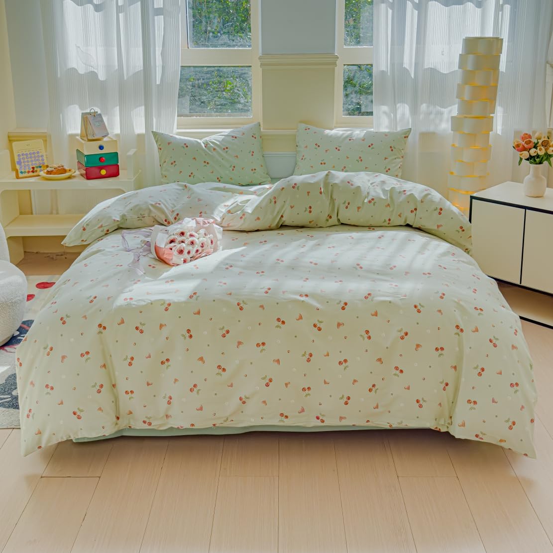 LIWHENHAO Blueberry Duvet Cover Set Twin 100% Cotton Bedding Blue Cherry Jam Purple Fruit on White 1 Cute Kawaii Floral Comforter Cover Zipper Closure 2 Pillowcases for Kids Girls Boys