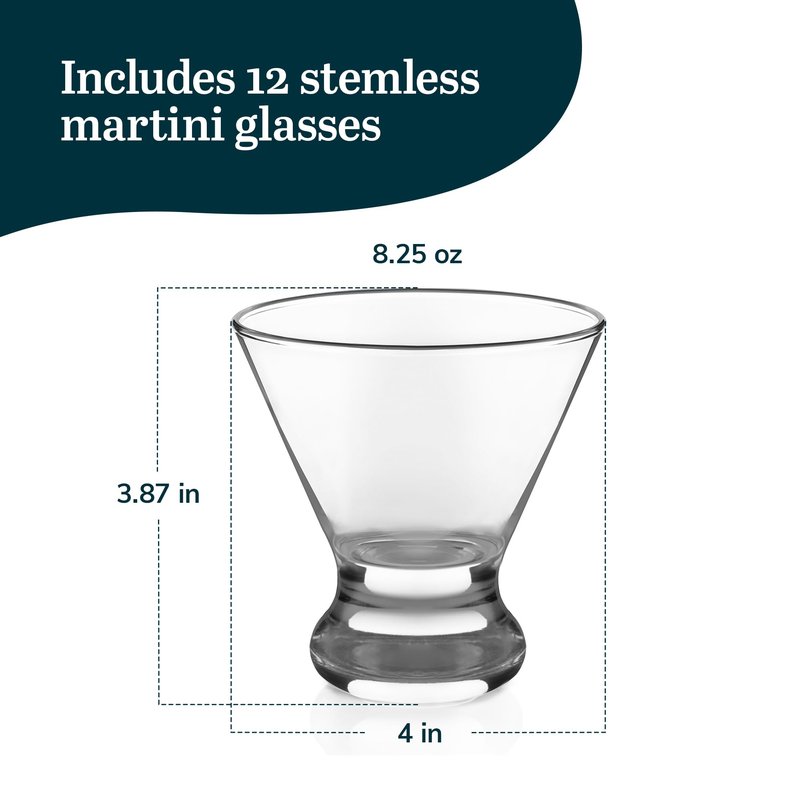 Libbey Cosmopolitan Stemless Martini Glasses Set Of 12, Dishwasher Safe Holiday Martini Glass, Lightweight Cocktail Glass Set for Wedding Party