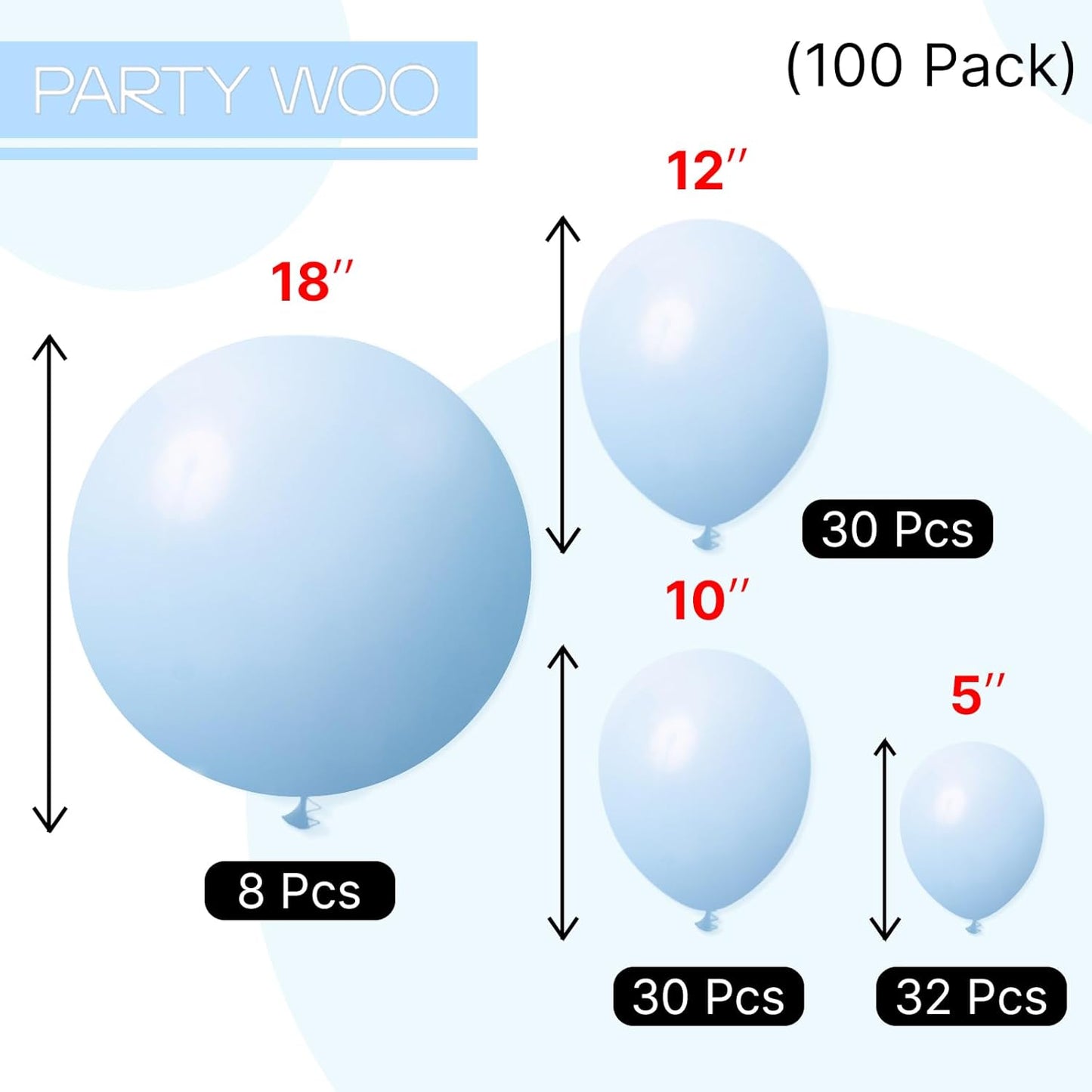 PartyWoo Baby Blue Balloons - 100pcs in 5-18 Inch Sizes | Perfect for Graduation & Baby Showers