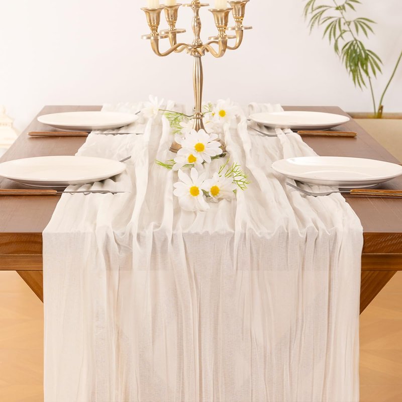 Socomi 15pcs Ivory White Cheesecloth Table Runner Valentine's Day Boho Rustic Gauze 120 inch 10FT Cheese Cloth Runner for Wedding Party Baby Shower Birthday Home Decor Holiday Decorations