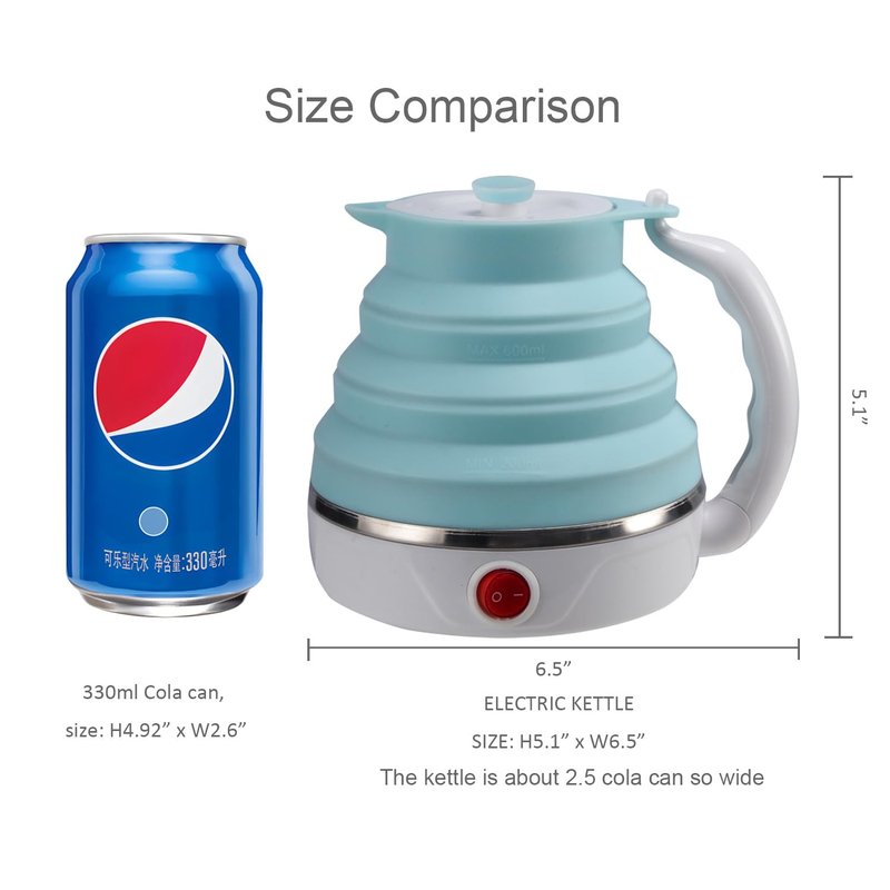 Travel Foldable Electric Kettle, Collapsible Electric Kettle Food Grade Silicone Small Pot Boiling water,Dual Voltage（600ml,110-220V US Plug） (Blue)