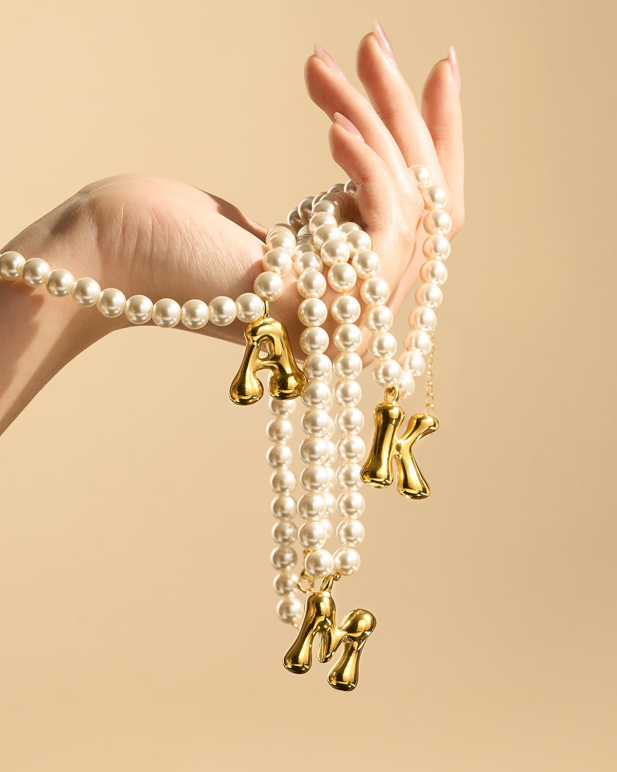 DoDoBeads Pearl Initial Necklace, 18K Gold Plated Stainless Steel Balloon Letter Pendant U, Non-Tarnish Waterproof Chunky Monogram Jewelry Gifts for Women Teens