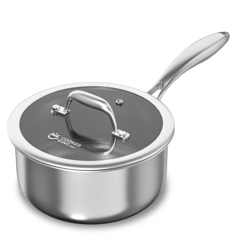 COOKER KING 1.5 Quart Stainless Steel Saucepan, Nonstick Sauce Pan, Ceramic Suce Pot with Tempered Glass Lid, Induction Pot Compatible with All Cooktops, Dishwasher & Oven Safe(PFAS/PFOA/PTFE Free)