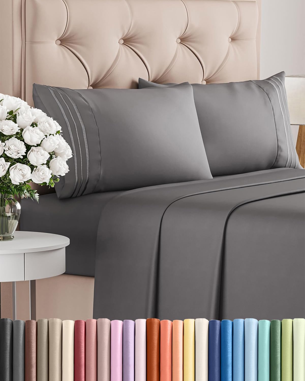 Queen Size 4-Piece Sheet Set by [Brand Name] - Comfy, Breathable & Cooling Luxury Bedding - Deep Pockets, Soft & Wrinkle-Free - Dark Grey