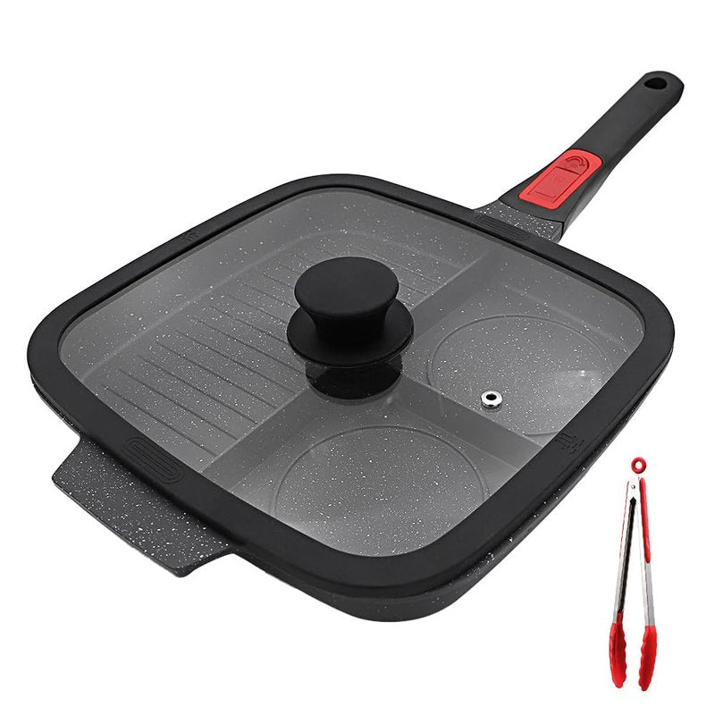 Bobikuke 3 Section Grill Pan for Stove Tops with Detachable Handle, Nonstick Versatile Griddle Pan with Lid, Square Skillet PFOA Free, Black