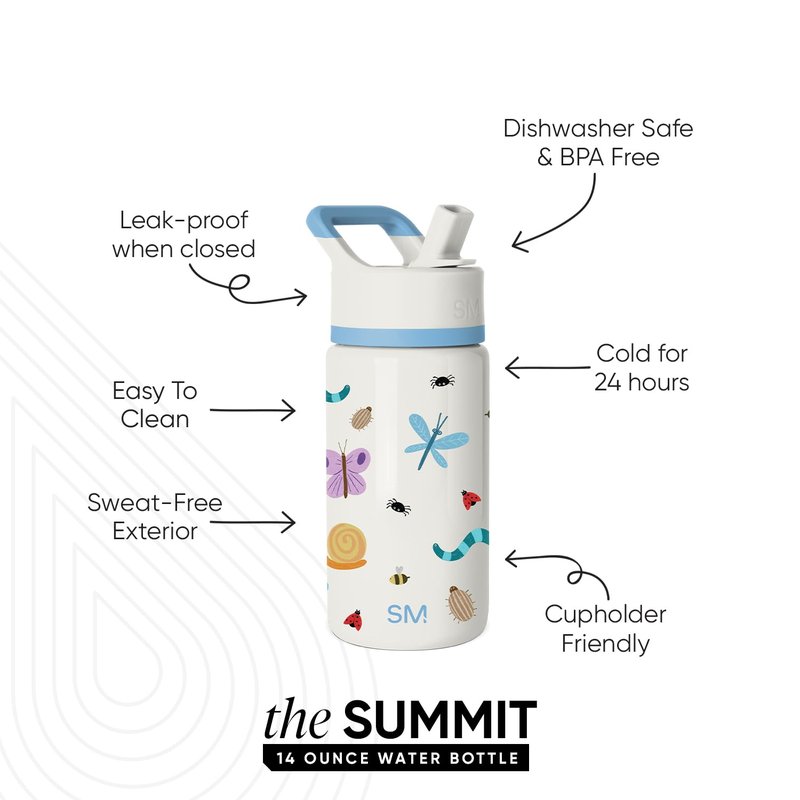 Simple Modern Kids Summit Water Bottle with Straw Lid | 14oz Stainless Steel Cup Insulated Tumbler for Toddlers, School | Cute Critters