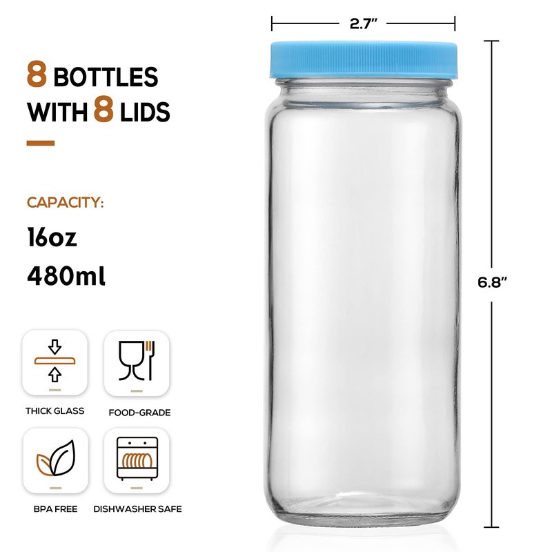 8 Pack Glass Juicing Bottle Drinking Jars with 2 Straws & 2 Lids w Hole- 16 OZ Travel Water Cups with Colored Airtight Lids, Reusable Tall Mason Jar for Juice, Bubble Tea, Smoothie, Tea, Kombucha