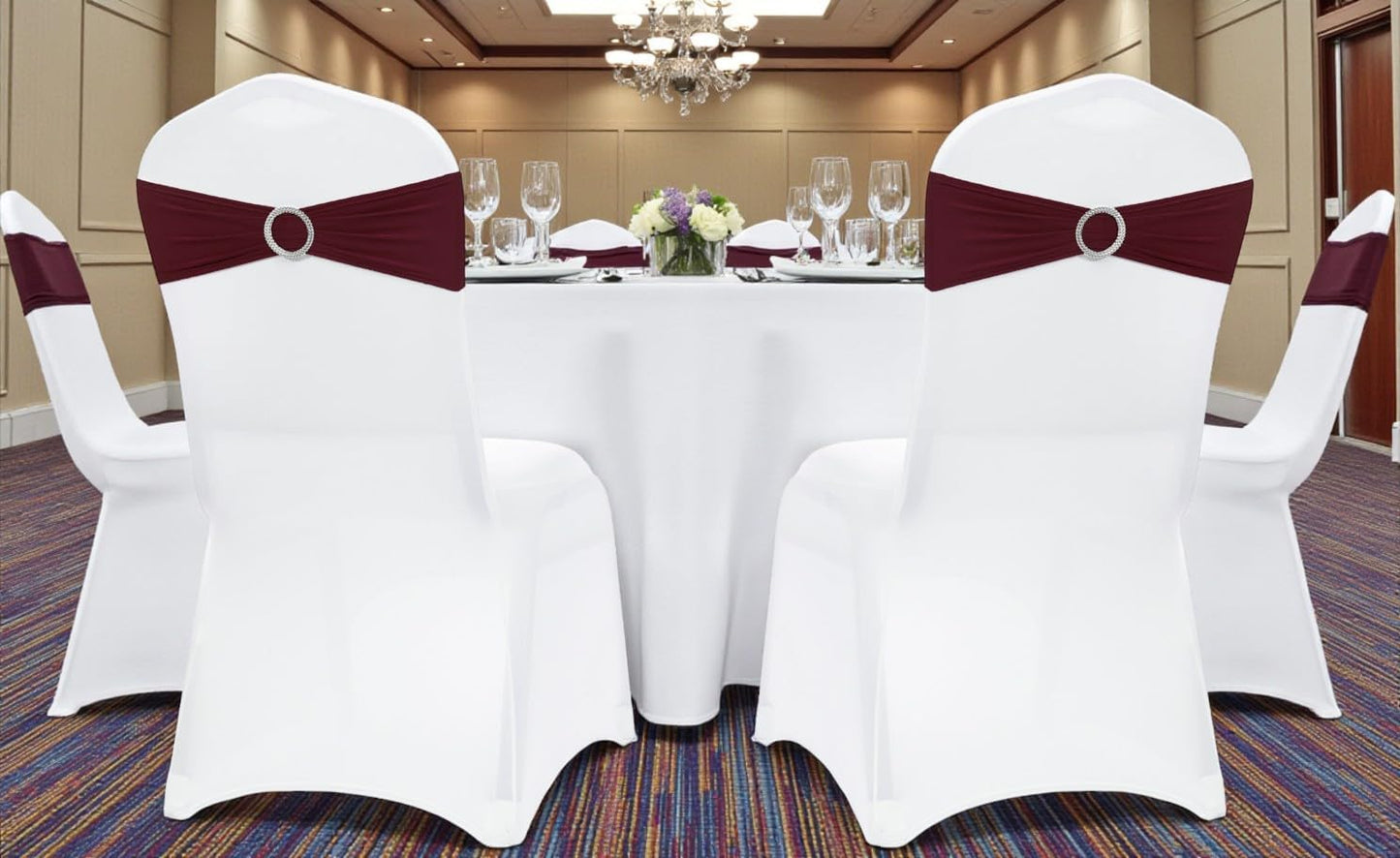 MDS Spandex Chair Sashes - Pack of 150 Elastic Stretch Bows with Buckle Slider for Wedding Decor - Burgundy