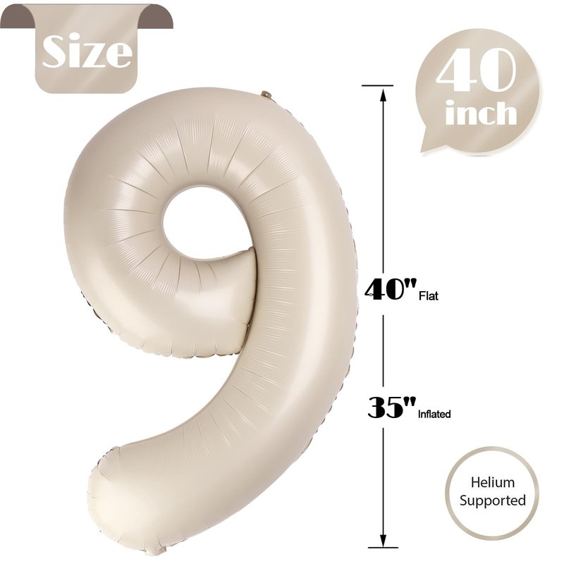 Cream Number 9 Balloon 40 Inch, 9th Birthday Party Decorations for Children, Giant 9 Foil Balloon for Party Supplies