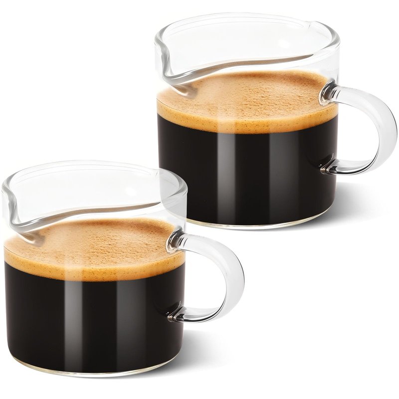 Adorever Espresso Cups Set of 2, 4oz Double Spout Shot Glasses with Handle - Clear Glass Milk Cup for Espresso, Latte Art & Cappuccino - Barista Tools & Home Coffee Machine