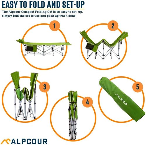 Alpcour Folding Camping Cot – Deluxe Collapsible Single Person Bed in a Bag w/Pillow for Indoor & Outdoor Use – Ultra Lightweight, Comfortable, Heavy Duty Design Holds Adults & Kids Up to 300 Lbs