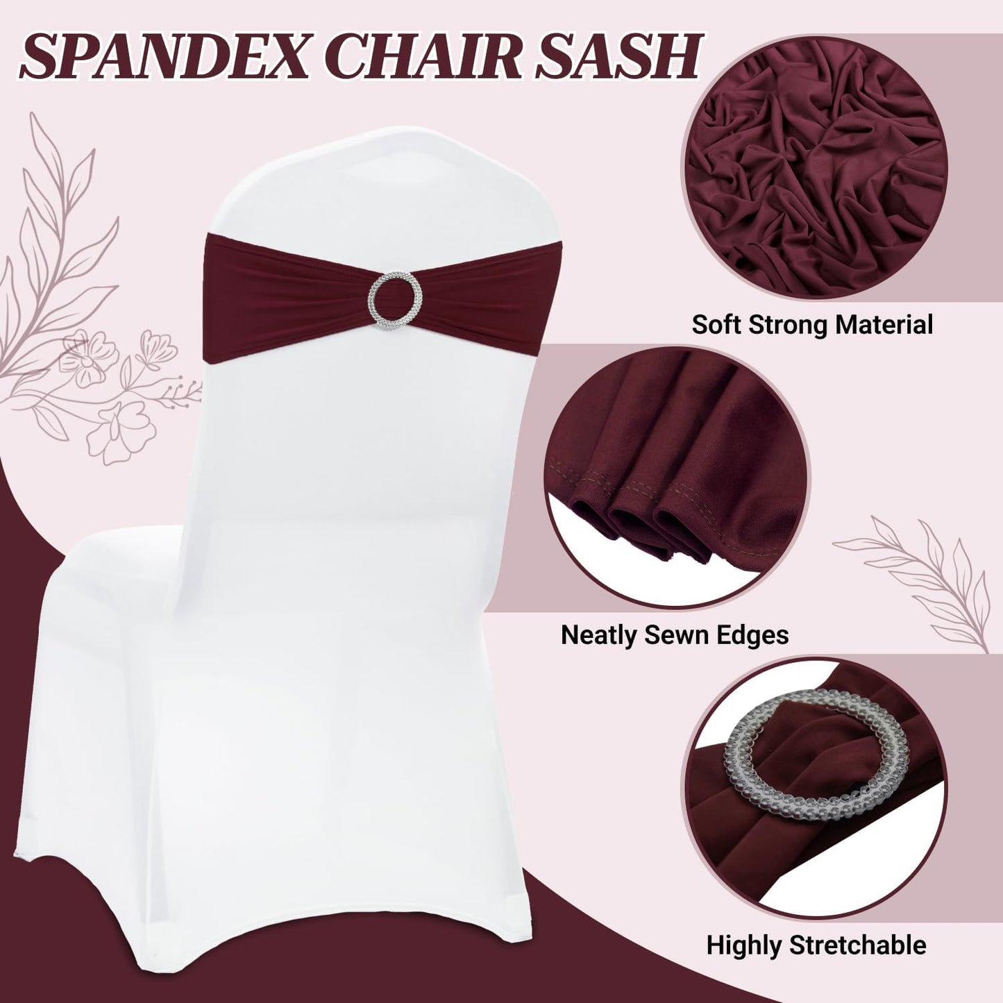 MDS Spandex Chair Sashes - Pack of 250 Universal Stretch Bows with Buckle Slider for Wedding Decor - Burgundy