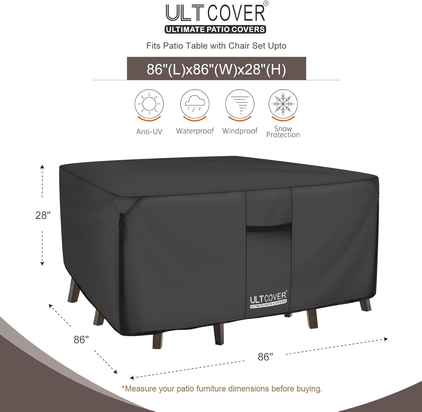 ULTCOVER 600D Heavy-Duty Waterproof Square Patio Table & Chair Cover | 86 Inch, Black