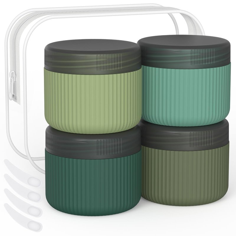 ME.FAN Travel Containers for Toiletries, TSA Approved 2 oz Silicone Cream Jars, Leak-proof Journey Containers, Trip Accessories with Lid for Cosmetic Face Hand Body Cream 4 Pack Black Lid Blue Green