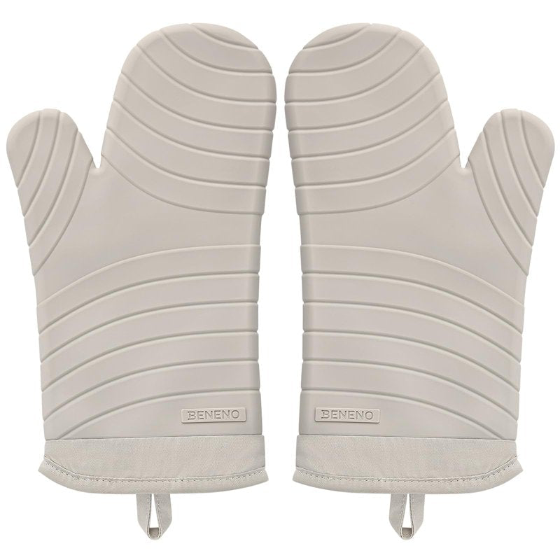 Beneno BPA-Free Silicone Oven Mitt 2-Pack Set, Heat Resistant 500°F Oven Mitts with Non-Slip Grip, Soft Thicker Lining, 7"x13", Beige