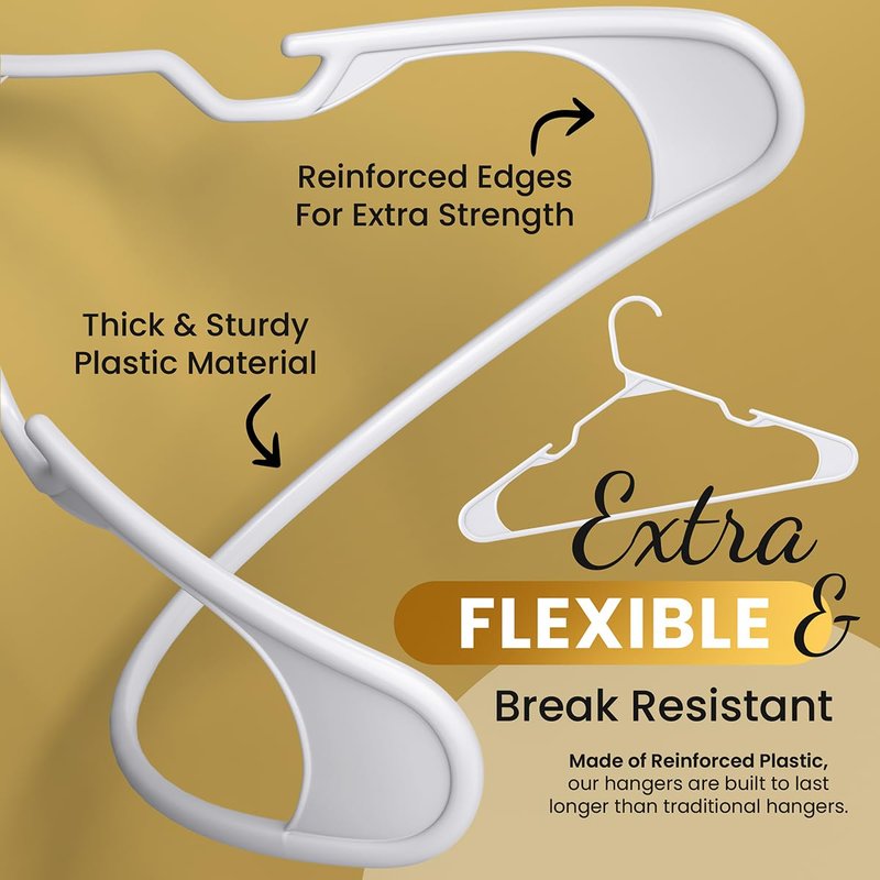 Our Modern Space 100 Pack Adult Plastic Hanger for Shirt Pants Coats Dresses Skirts Suits Jackets - Standard Thick Coat Hanger - Sturdy & Durable Design with Shoulder Grooves Hook - White