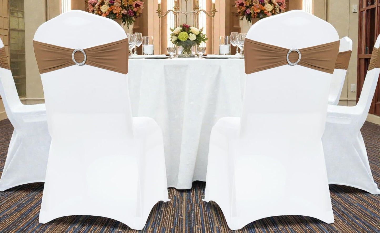 MDS Premium Spandex Chair Sashes - Stretchy Bow Covers with Buckle Slider | Universal Fit for Weddings & Events - Mocha (Pack of 100)
