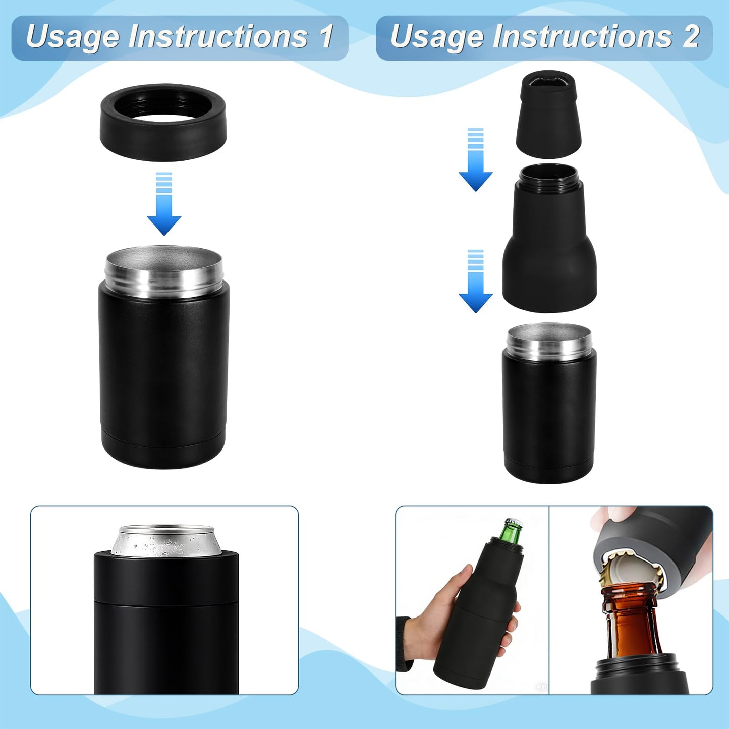 Hgkeke 12oz Universal Beer Bottle Holder Double Walled SS Beer Bottle Cooler 3 in 1 Can Koozie with Beer Opener Vacuum Insulated - fit Fishing,Camping Outdoor Activities and Nice Gift for Men(Black)