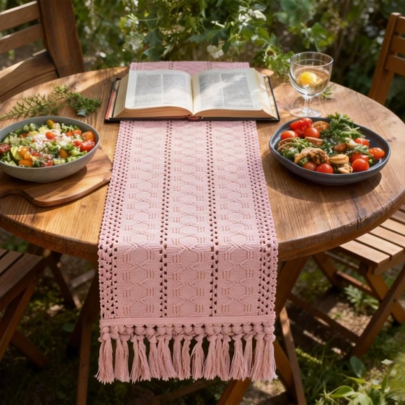 Socomi Boho Table Runner Easter Spring Farmhouse Rustic Dining Kitchen Centerpiece Decor Small Macrame Woven Cotton Linen Coffee Table Runner for Dresser Scarf Home Decor 12x36 in Pink