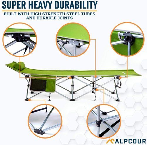 Alpcour Folding Camping Cot – Deluxe Collapsible Single Person Bed in a Bag w/Pillow for Indoor & Outdoor Use – Ultra Lightweight, Comfortable, Heavy Duty Design Holds Adults & Kids Up to 300 Lbs