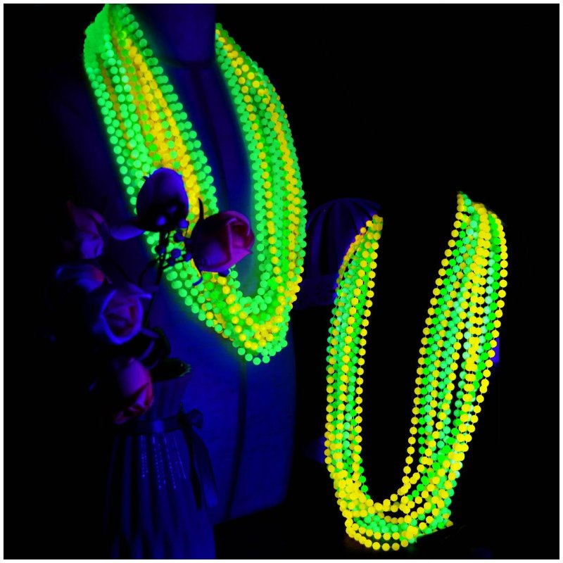 ABONDEVER 48PCS Glow in the Dark Beads Necklaces Glow Party Supplies, 33" Yellow Green Orange UV Black Light Necklaces for Glow Party Favors Night Accessories, Halloween Birthday Party Decorations