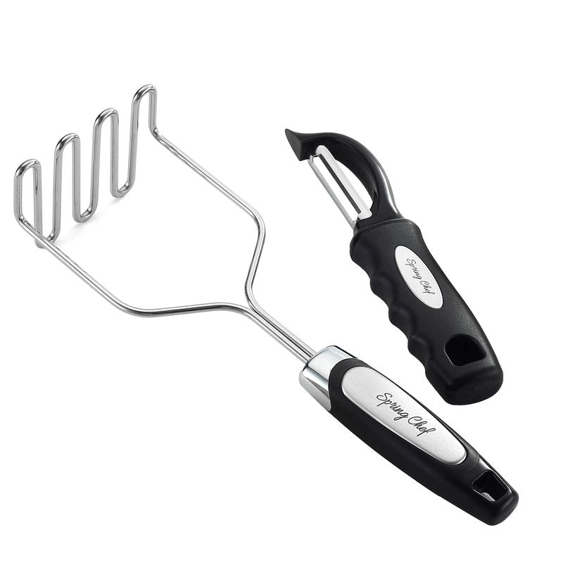 Spring Chef Stainless Steel Premium Vegetable Peeler with Potato Masher, Soft Grip Handle Metal Food Peeler and Masher for Fruit & Vegetables