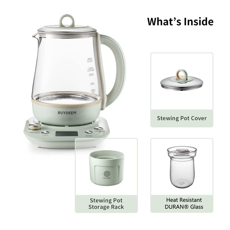 BUYDEEM Health Pot K2763 Lite, Glass Electric Kettle for Tea & Coffee, Hot Water Boiler and Wamer with Stew Pot, Temperature Control, Green, 1.5L
