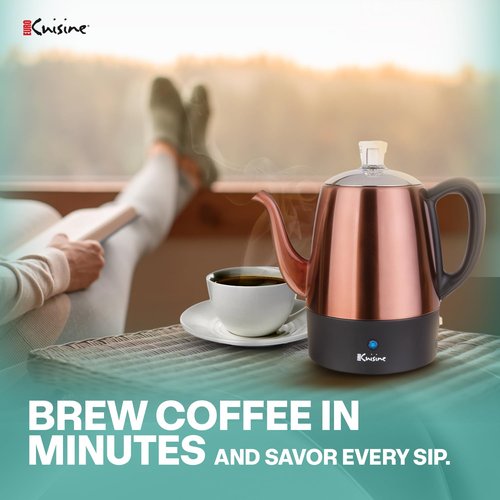 Euro Cuisine PER04 Stainless Steel Electric Coffee Percolator, 4 Cup, Polished Copper Finish, Dripless Gooseneck Spout, Clear Glass Knob, Brewing Indication, Keep-Warm Function, Detachable Cord