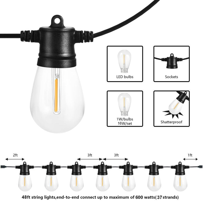 SUNTHIN Outdoor String Lights, 48FT Patio Lights with 16 LED Shatterproof Bulbs for Outside, Backyard, Deck, Porch, Garden, Bistro, Cafe, Party