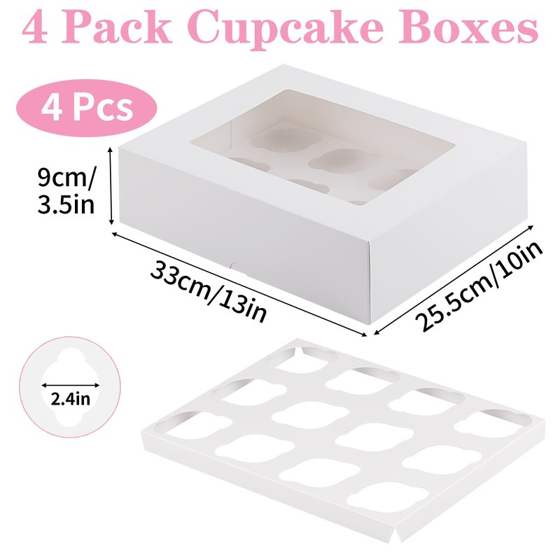 Svalor Cupcake Boxes, 4 Pack Disposable Cupcake Containers, Food Grade Cupcake Carrier 12 Count with Window and Inserts, Cupcake Transport Holders Bulk for Muffins Cookies Treats Dessert（White）