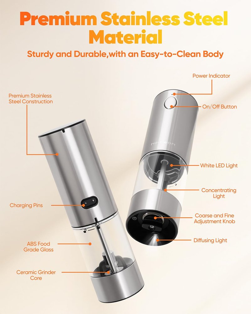 NIHEWON Electric Salt and Pepper Grinder Set with LED Light, Rechargeable Salt and Pepper Shakers with 5 Adjustable Coarseness, Upgraded Large Capacity, Stainless Steel, Storage & Charging Base