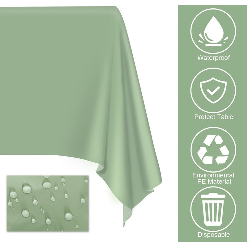 2 Pcs Sage Green Tablecloth Plastic 54 ×108 Inches Rectangle Sage Green Tablecloth Disposable Plastic Waterproof Table Cover for Outdoor Picnic, Kitchen, Holiday Birthday Wedding Baby Shower Party