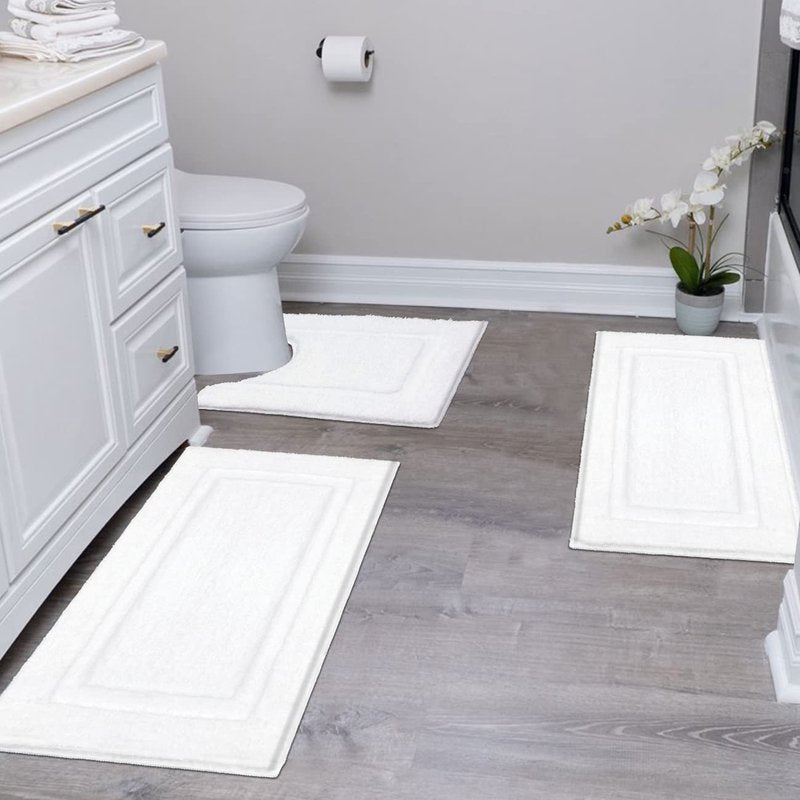 SHACOS White Bathroom Rugs Sets 3 Piece, 16"x24" + 20"x32" Non Slip Bath Mat and 20"x24" Toilet Rugs U Shaped Washable, Soft Fluffy Water Absorbent Bath Rugs for Bathroom