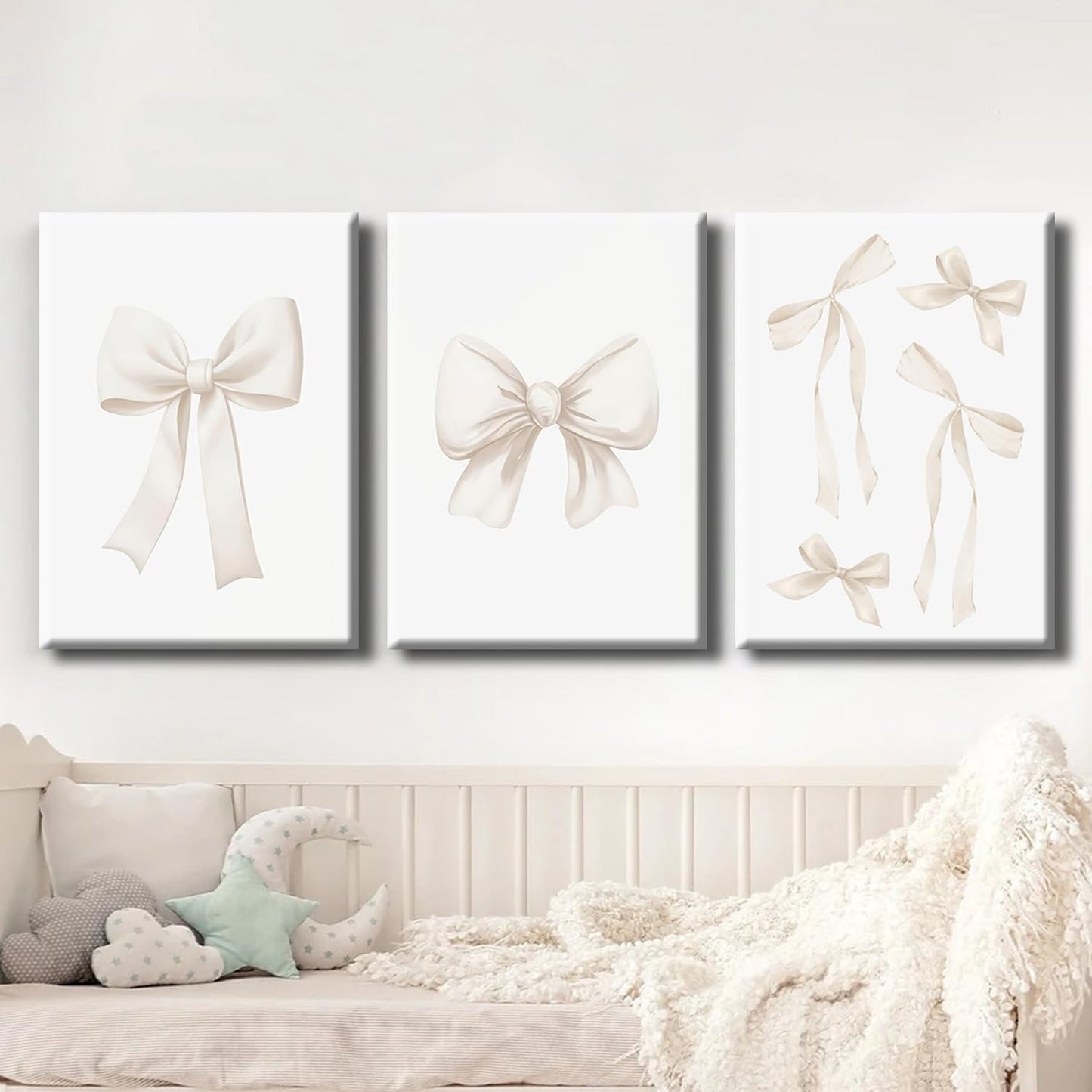 Beige Bow Canvas Wall Art,Coquette Preppy Bow Aesthetic Paintings Pictures Wall Decor Poster Print Artwork Beige Bow Poster Prints for Girls Room Bedroom Dorm Home Decor Wrapped Canvas