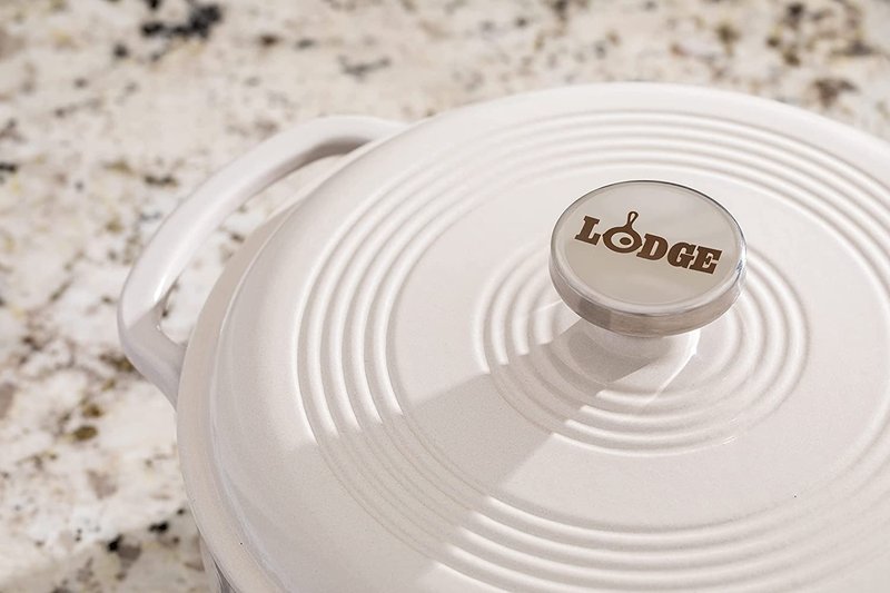 Lodge Essential Enamel Cast Iron Dutch Oven with Lid - Induction- Oven-Safe Enamel Cookware up to 500° F - Heat-Retaining Braising & Roasting Pot - Non-Toxic Cookware - 7.5 Quart, Oyster White