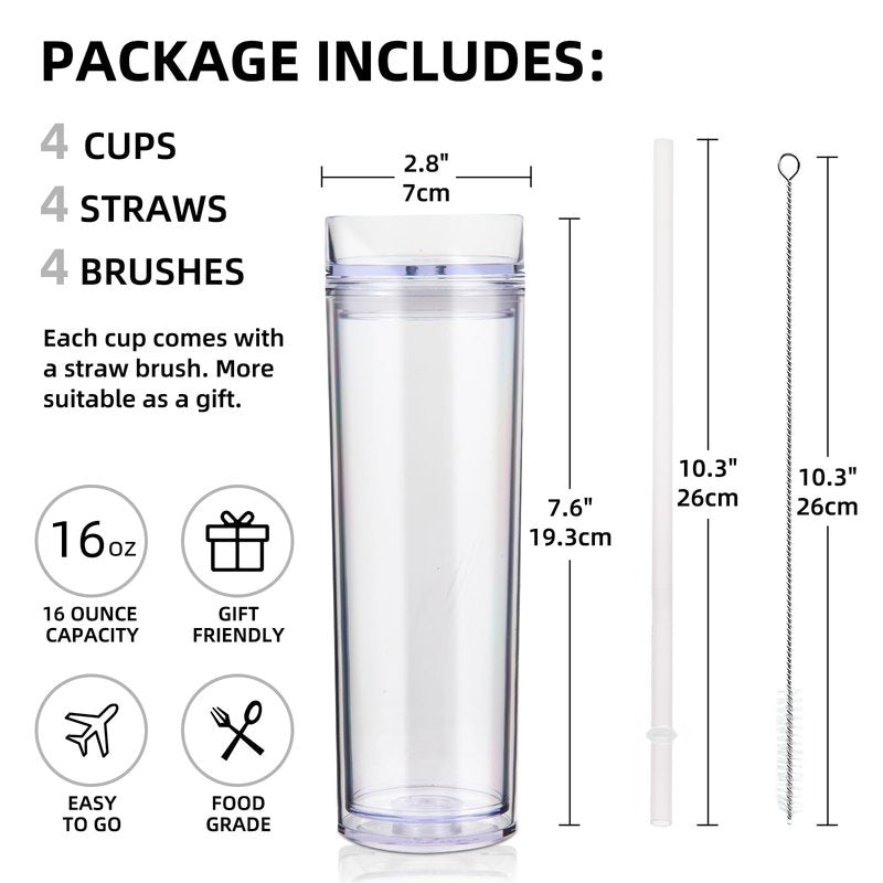 Volhoply 16oz Plastic Skinny Tumbler with Lid and Straw Bulk 4 Pack,Insulated Double Wall BPA Free Matte Acrylic Tumblers,Iced Coffee Travel Mug Reusable Party Cup,Customizable Diy Gifts(Clear,4 Set)