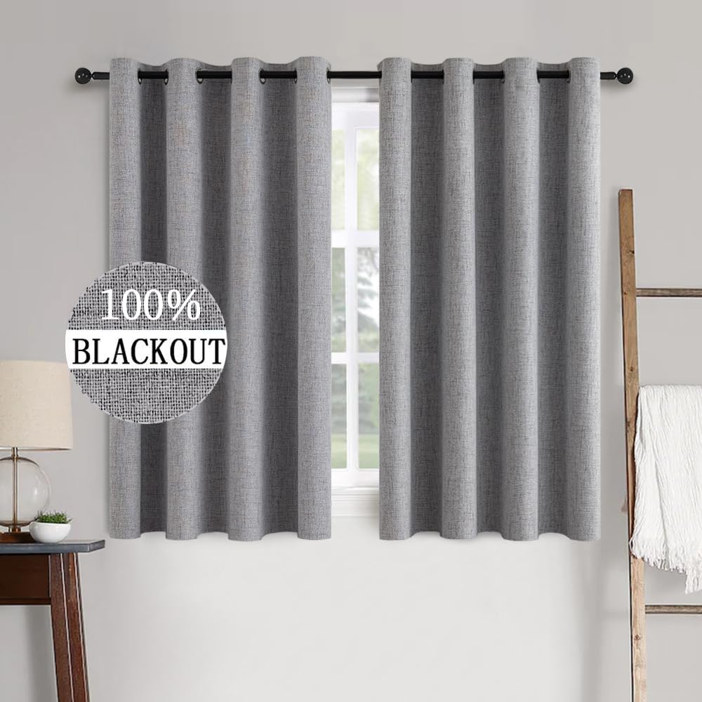 MIULEE Blackout Curtains - 100% Thermal Insulated Grey Linen Texture Drapes | 52x45 Inch (2 Panels)